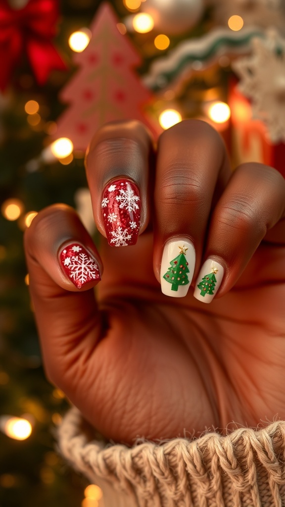 Short Christmas nails on dark skin with festive designs including red glitter, snowflakes, and Christmas trees.